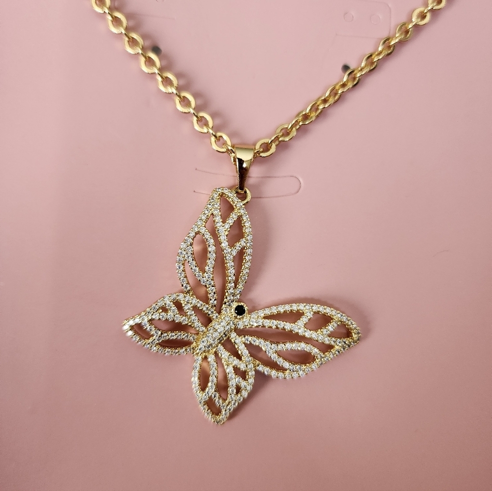 Gold Plated Butterfly Necklace Chain CZ Pendant Elegant Dainty - Picture 4 of 5